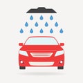 Car wash icon or sign with shower and water drops. Colorful vector illustration of red vehicle in flat design. Royalty Free Stock Photo